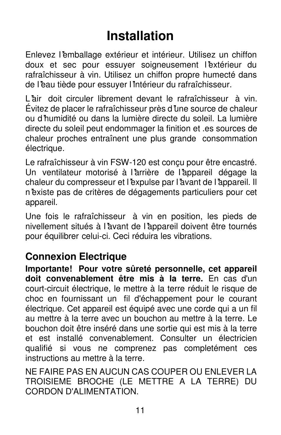 Installation, Connexion electrique | Orien FSW-120 User Manual | Page 12 / 25