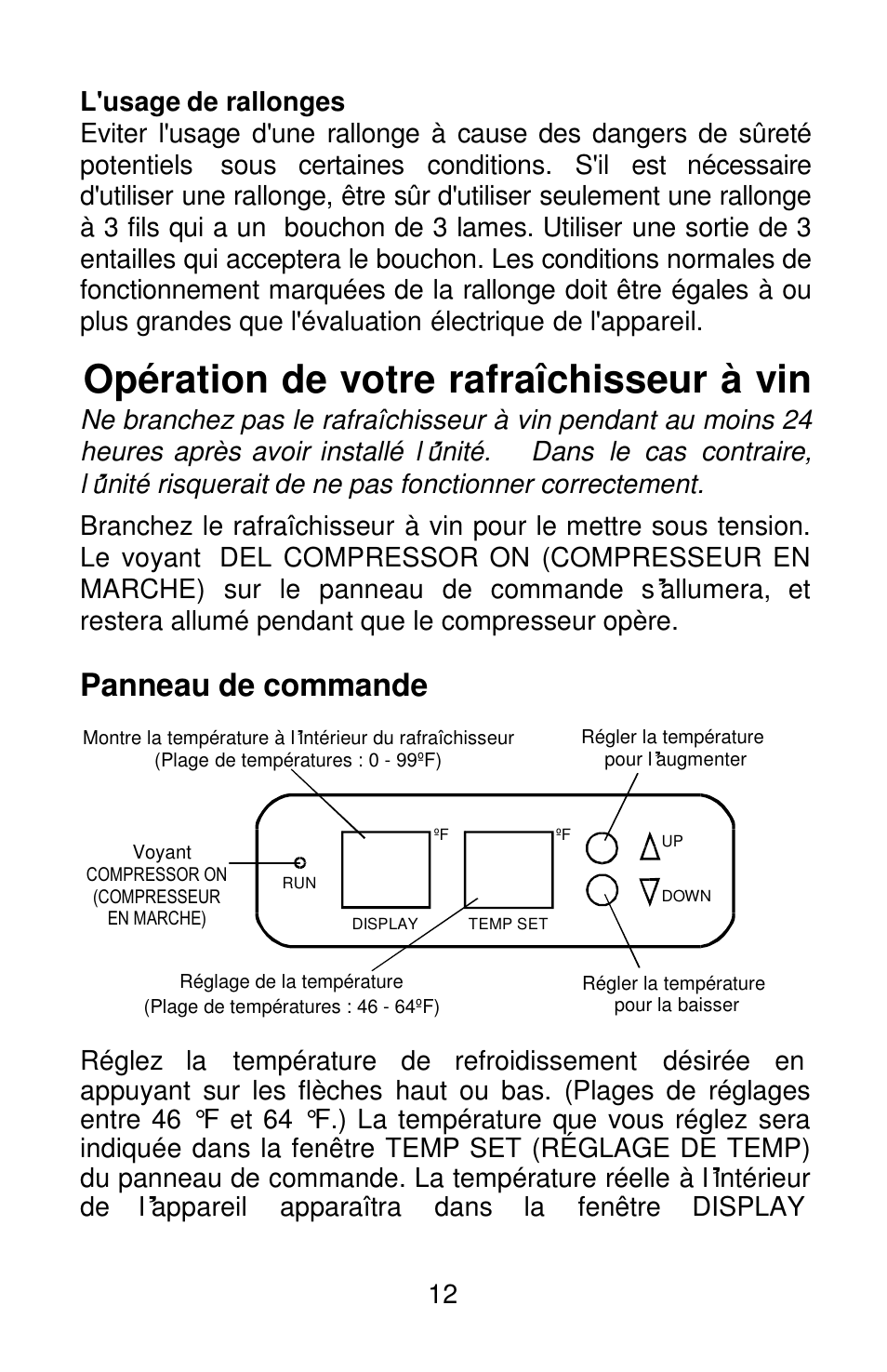Opération de votre rafraîchisseur à vin, Panneau de commande | Orien FSW-120 User Manual | Page 13 / 25