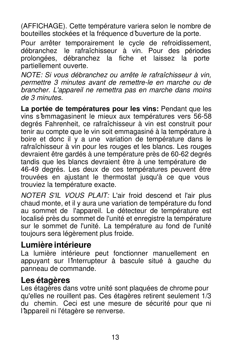 Lumière intérieure, Les étagères | Orien FSW-120 User Manual | Page 14 / 25