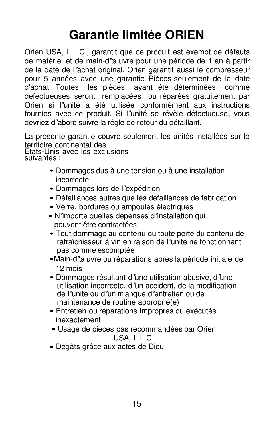 Garantie limitée orien | Orien FSW-120 User Manual | Page 16 / 25