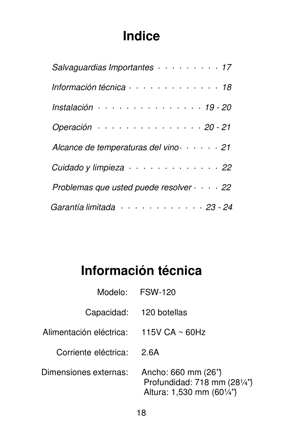 Indice, Información técnica | Orien FSW-120 User Manual | Page 19 / 25