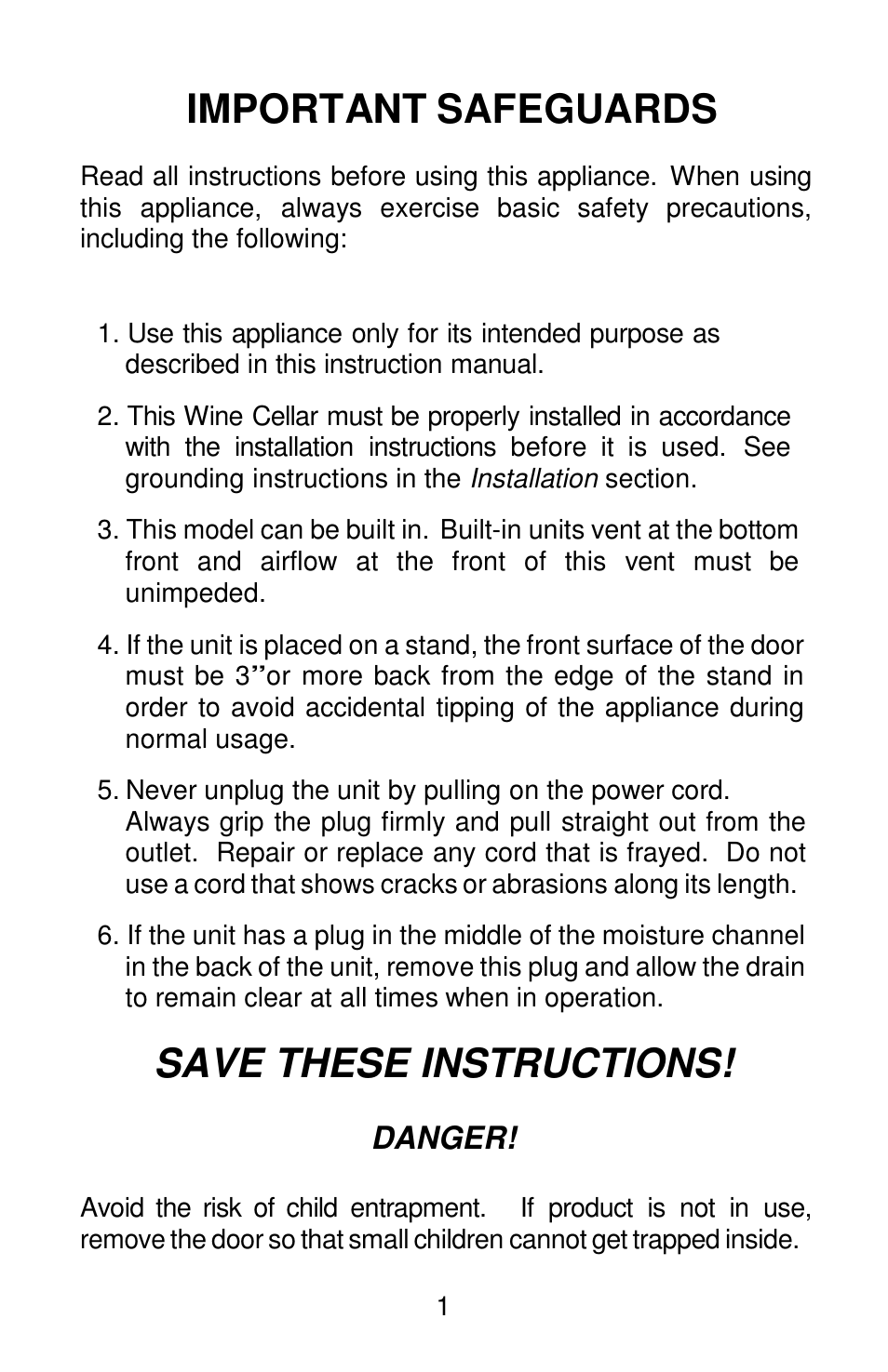 Important safeguards, Save these instructions, Danger | Orien FSW-120 User Manual | Page 2 / 25