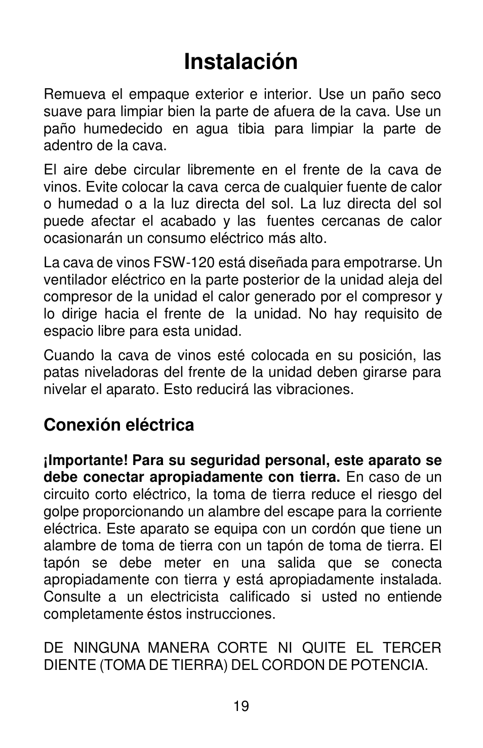 Instalación, Conexión eléctrica | Orien FSW-120 User Manual | Page 20 / 25