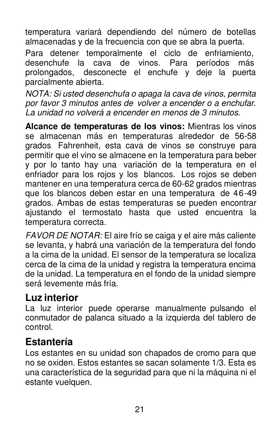 Luz interior, Estantería | Orien FSW-120 User Manual | Page 22 / 25