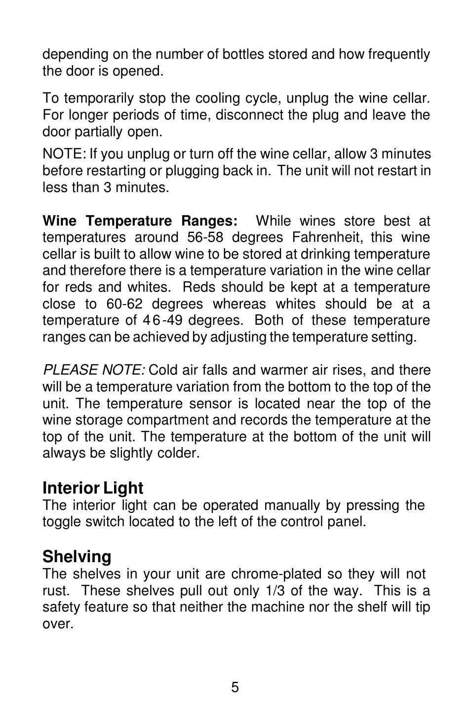 Interior light, Shelving | Orien FSW-120 User Manual | Page 6 / 25