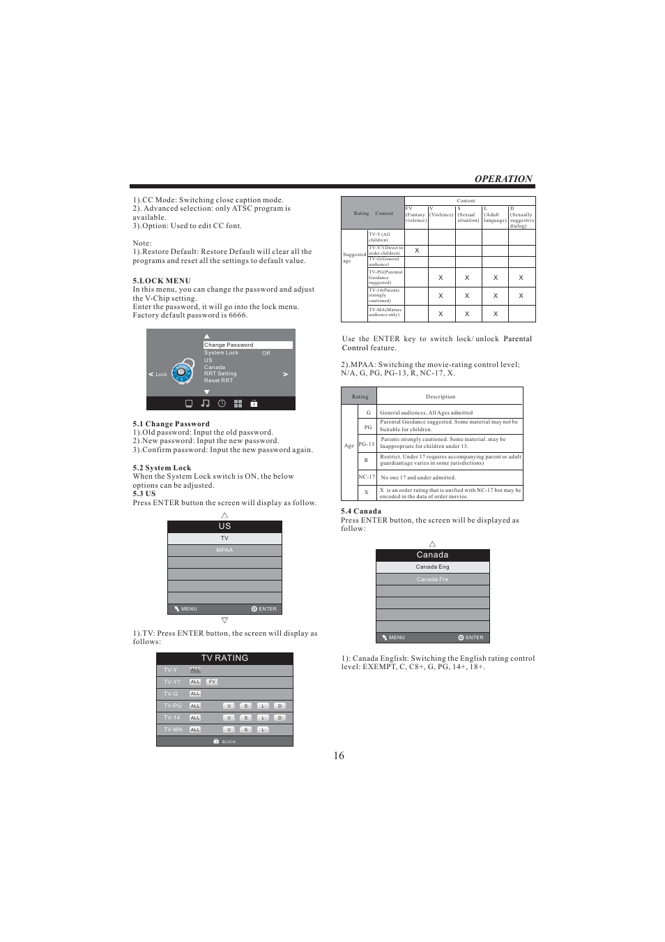 Operation, Tv rating, Canada | Sansui SLED6520 User Manual | Page 17 / 20