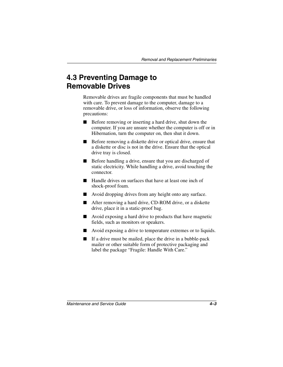 3 preventing damage to removable drives, 3 preventing damage to removable drives –3 | Compaq N1020V User Manual | Page 102 / 219