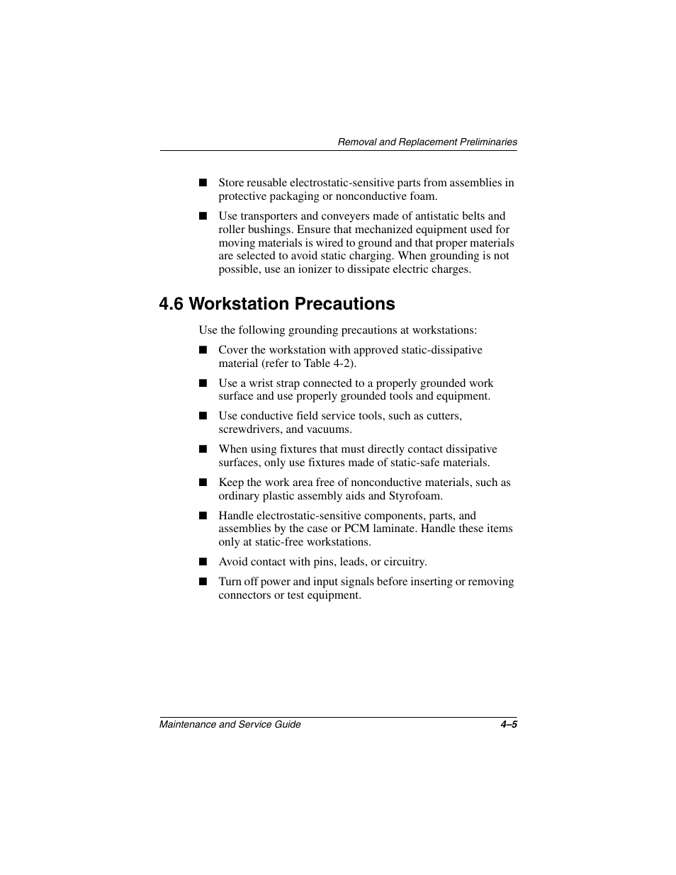 6 workstation precautions, 6 workstation precautions –5 | Compaq N1020V User Manual | Page 104 / 219