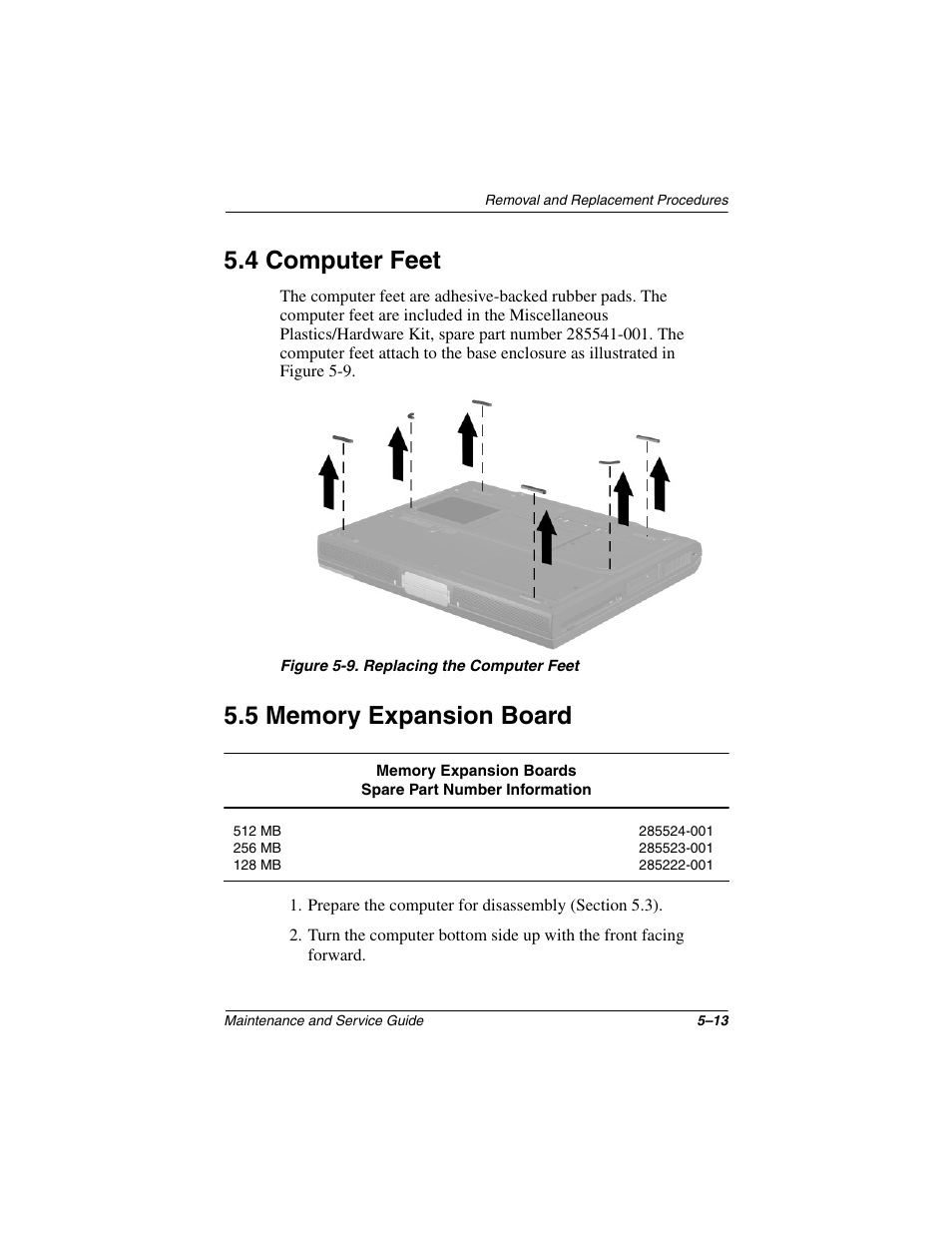 4 computer feet, 5 memory expansion board, 4 computer feet –13 5.5 memory expansion board –13 | Compaq N1020V User Manual | Page 119 / 219
