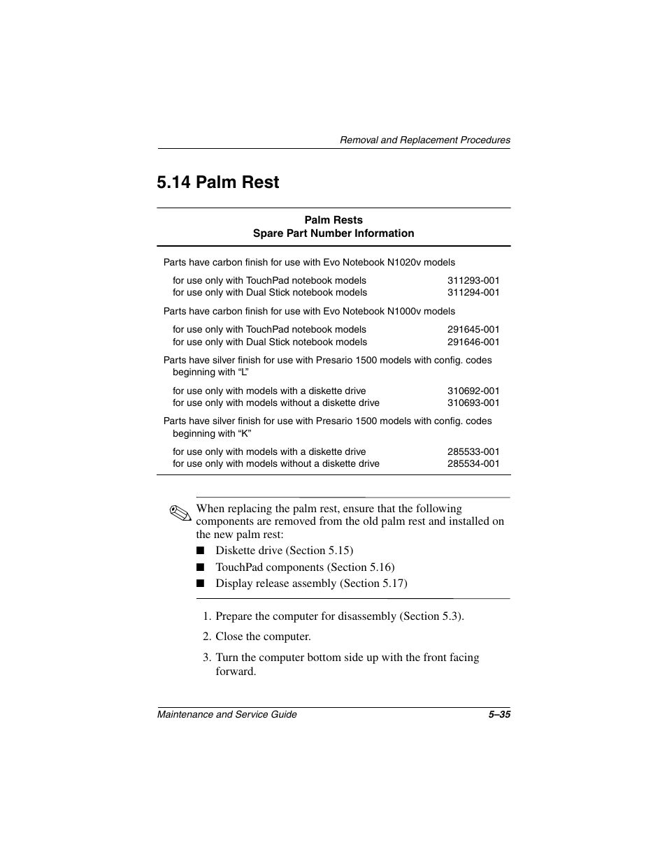 14 palm rest, 14 palm rest –35 | Compaq N1020V User Manual | Page 141 / 219