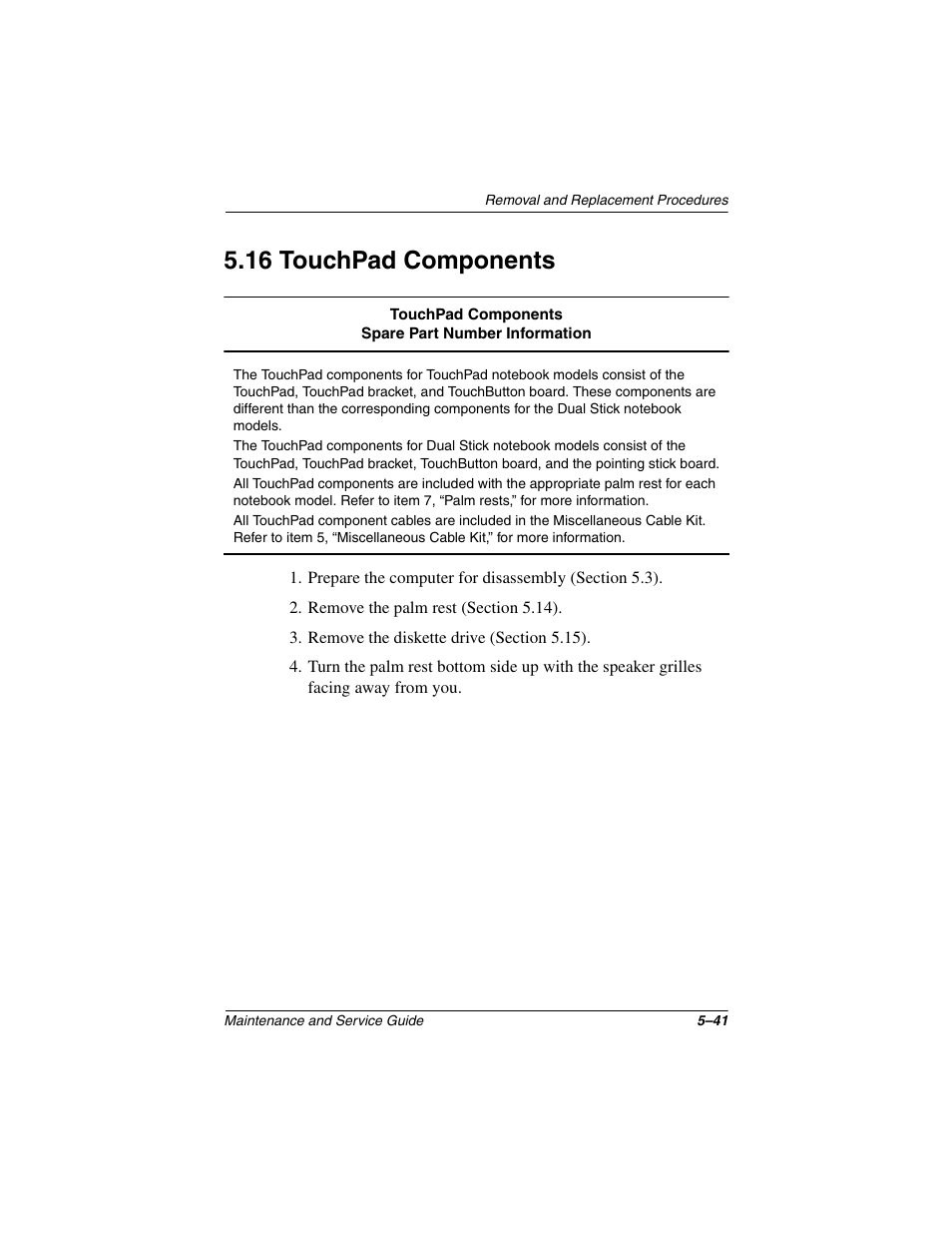 16 touchpad components, 16 touchpad components –41 | Compaq N1020V User Manual | Page 147 / 219