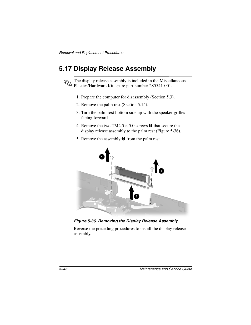 17 display release assembly, 17 display release assembly –46 | Compaq N1020V User Manual | Page 152 / 219