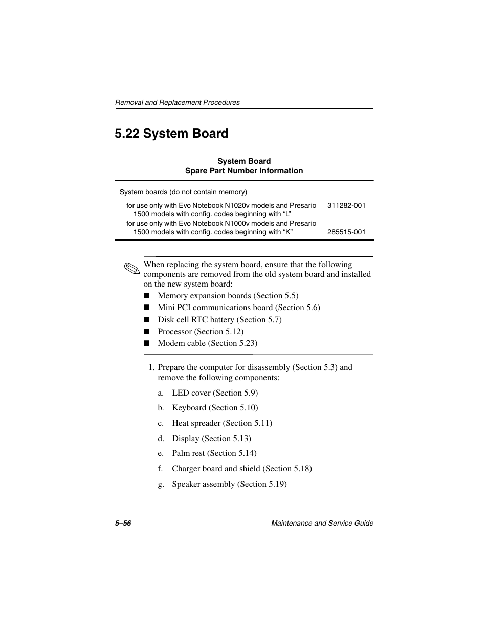 22 system board, 22 system board –56 | Compaq N1020V User Manual | Page 162 / 219