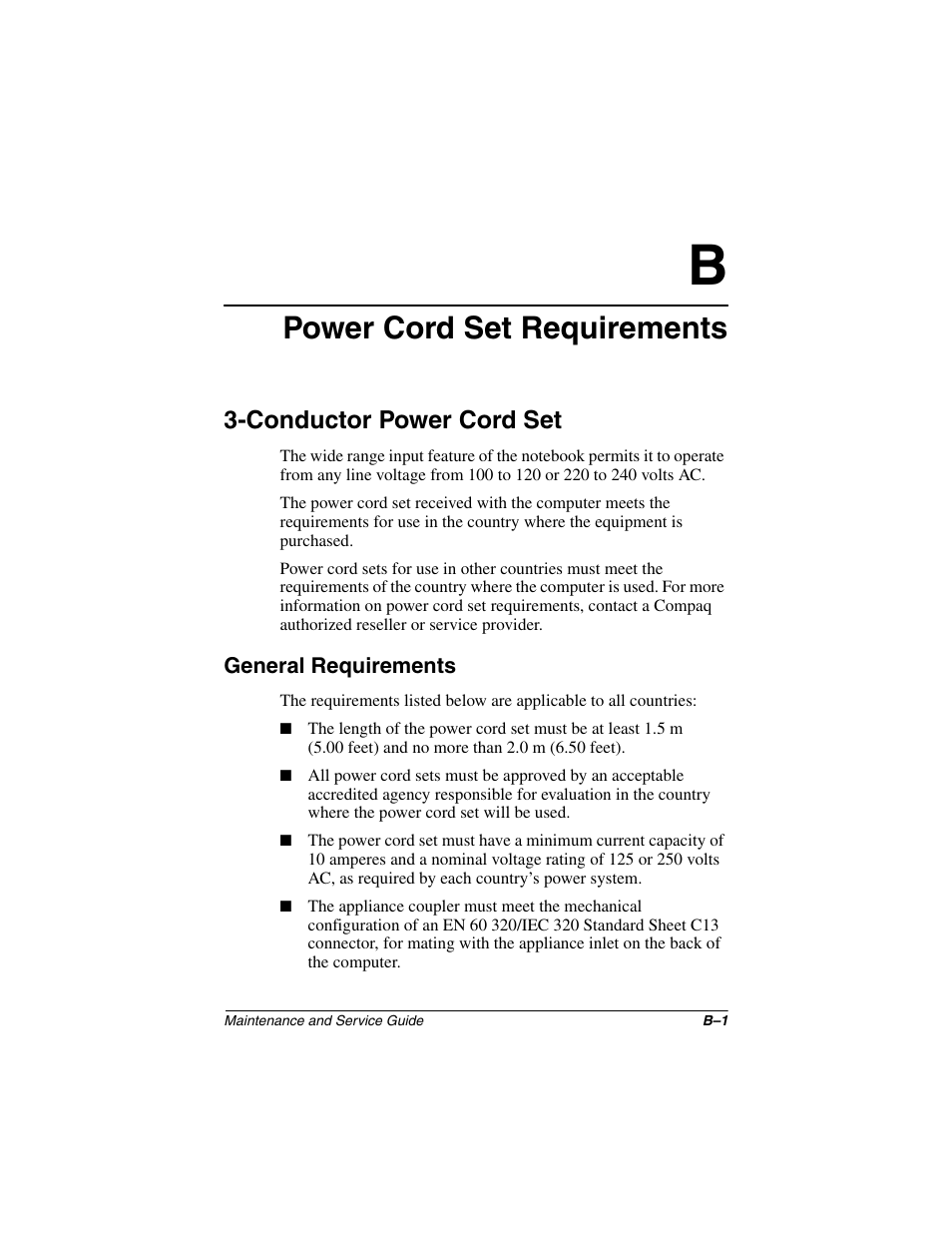 Power cord set requirements, Conductor power cord set, General requirements | C power cord set requirements | Compaq N1020V User Manual | Page 194 / 219