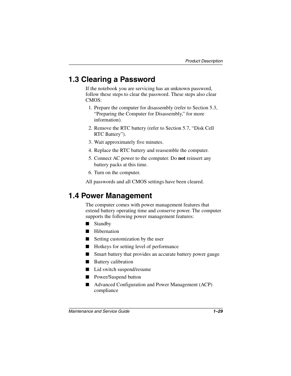 3 clearing a password, 4 power management, 3 clearing a password –29 1.4 power management –30 | Compaq N1020V User Manual | Page 34 / 219