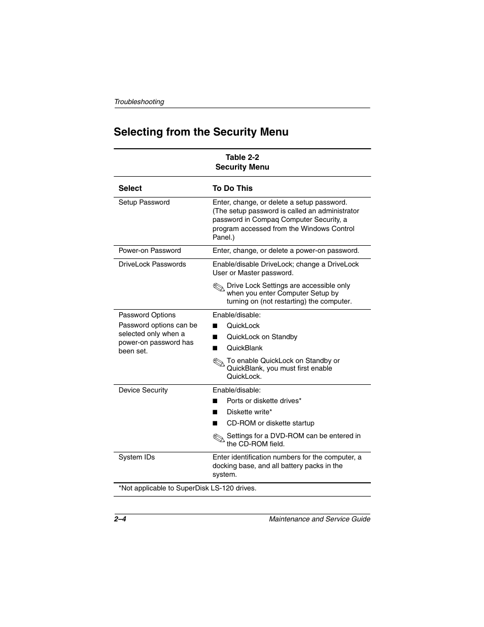 Selecting from the security menu, Selecting from the security menu –4 | Compaq N1020V User Manual | Page 49 / 219