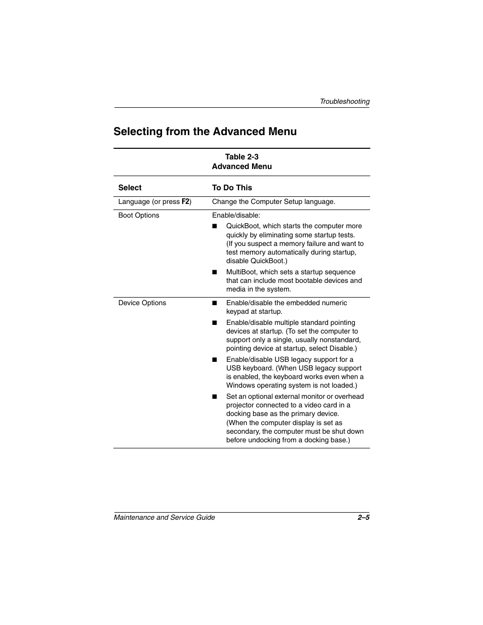 Selecting from the advanced menu, Selecting from the advanced menu –5 | Compaq N1020V User Manual | Page 50 / 219