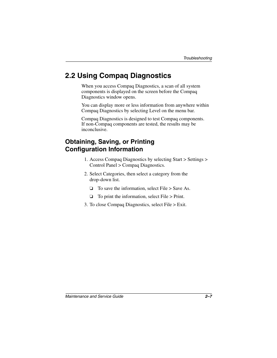 2 using compaq diagnostics, 2 using compaq diagnostics –7 | Compaq N1020V User Manual | Page 52 / 219