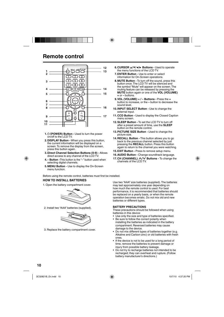 Remote control | Sansui SLED4280 User Manual | Page 10 / 27