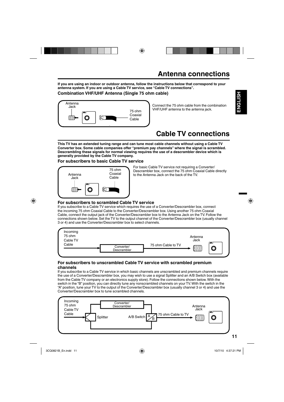 Antenna connections, Cable tv connections, 11 english | Sansui SLED4280 User Manual | Page 11 / 27