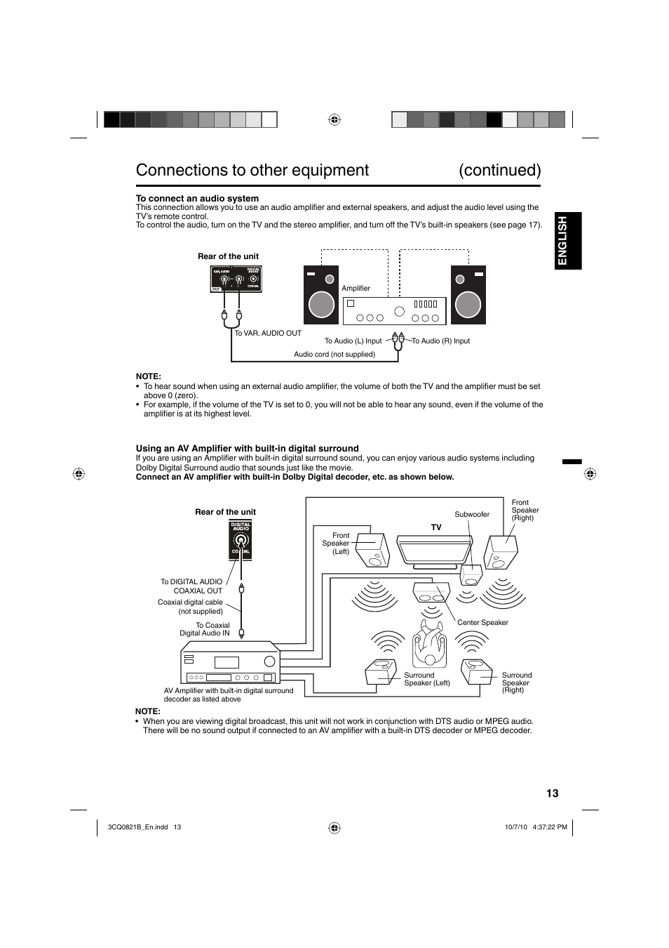 Connections to other equipment (continued), 13 english | Sansui SLED4280 User Manual | Page 13 / 27