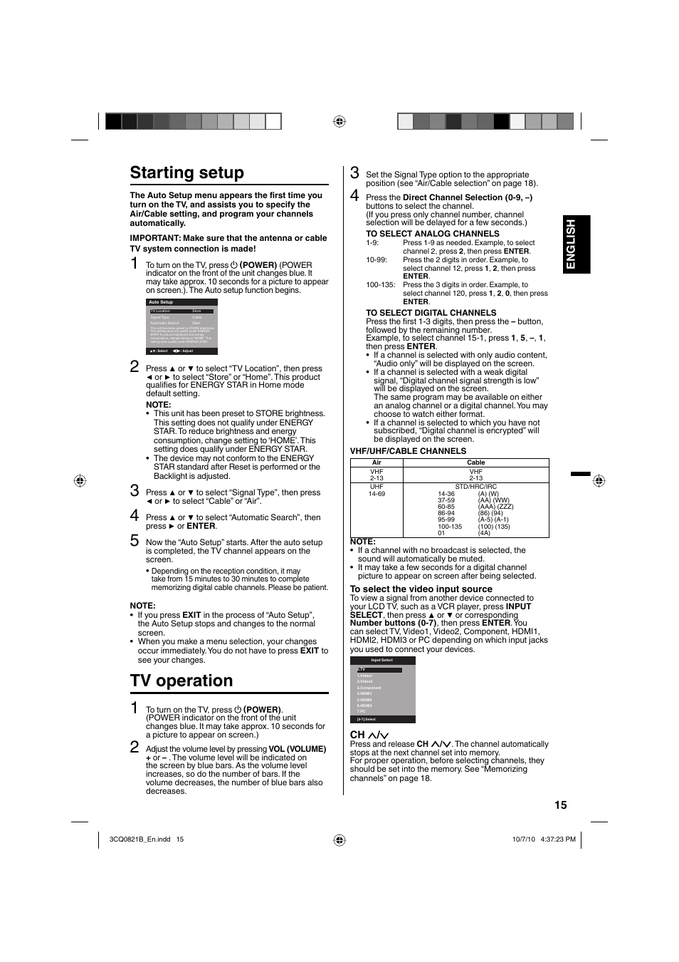 Starting setup, Tv operation 1, 15 english | Sansui SLED4280 User Manual | Page 15 / 27