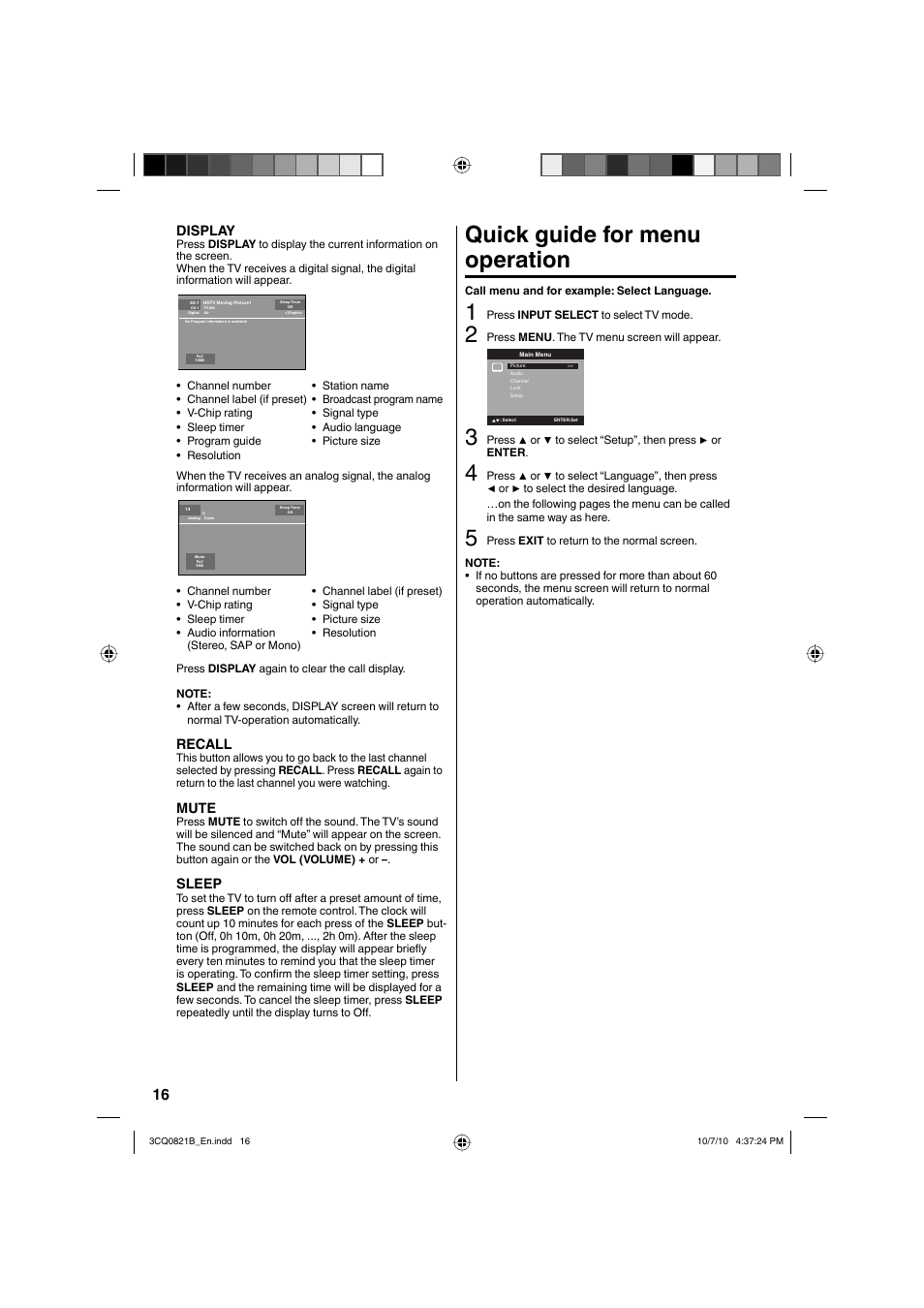 Quick guide for menu operation, Display, Recall | Mute, Sleep | Sansui SLED4280 User Manual | Page 16 / 27