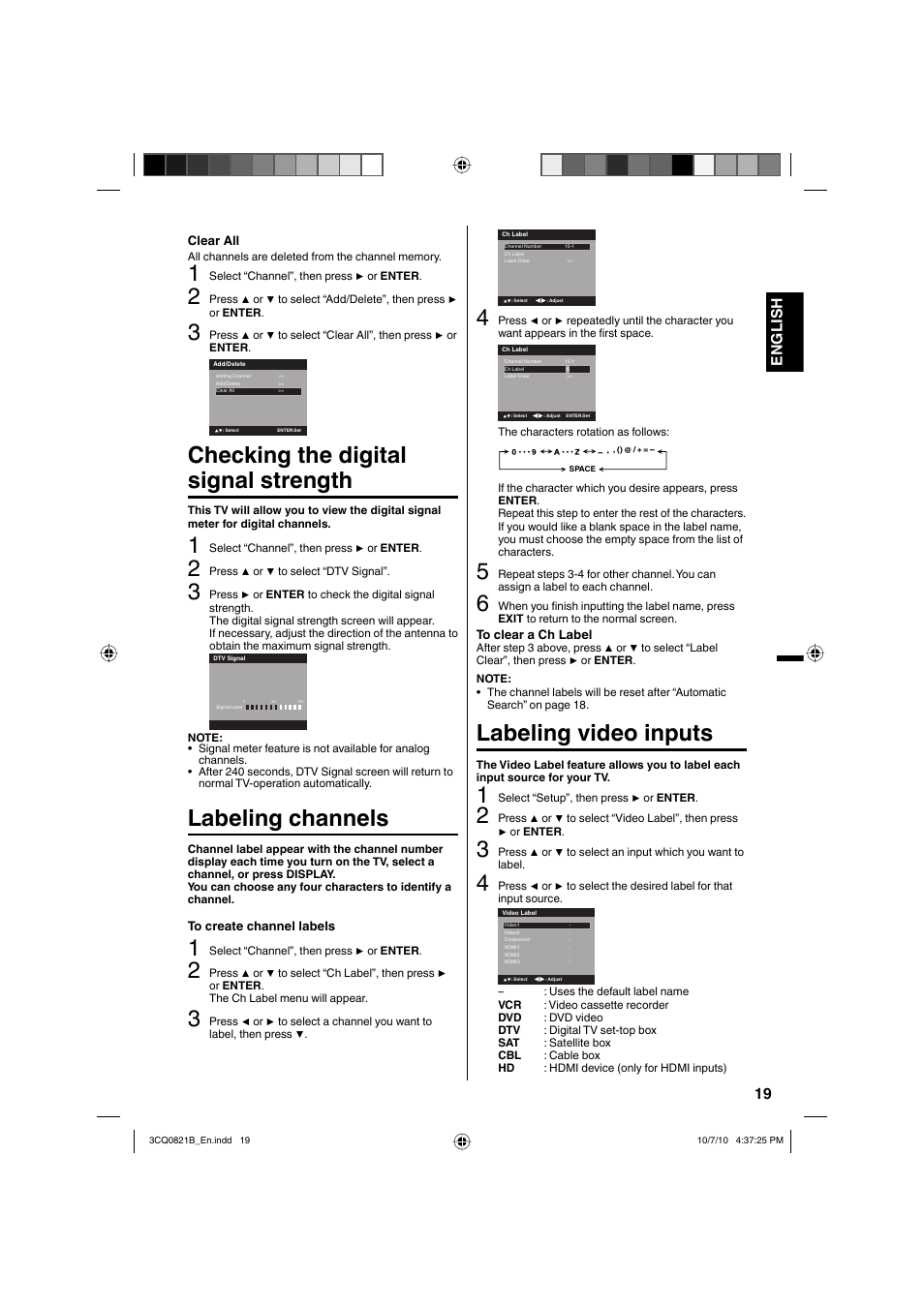 Checking the digital signal strength, Labeling channels, Labeling video inputs | 19 english | Sansui SLED4280 User Manual | Page 19 / 27