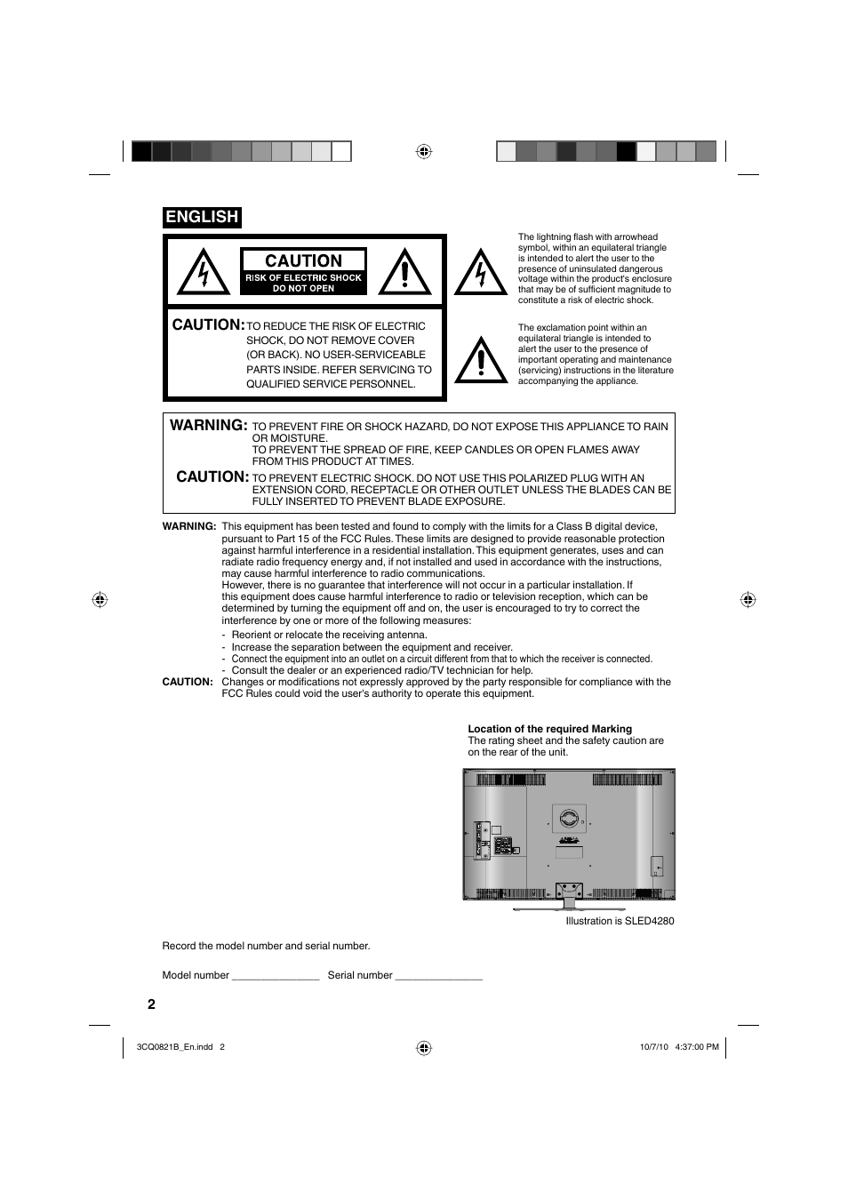 English, Caution, Warning | Sansui SLED4280 User Manual | Page 2 / 27