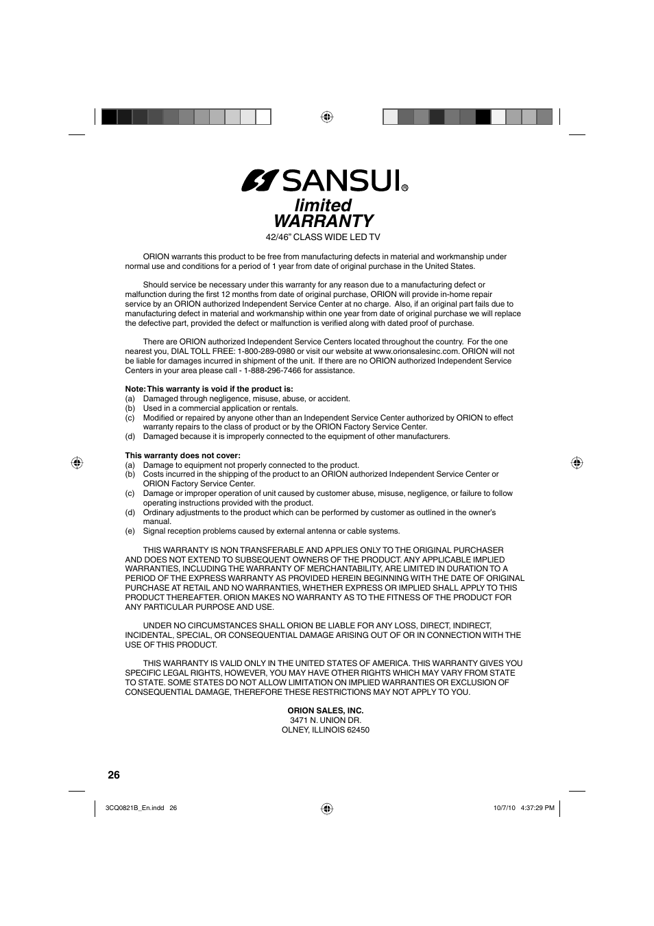 Limited warranty | Sansui SLED4280 User Manual | Page 26 / 27