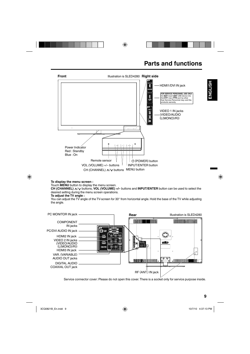 Parts and functions, 9english | Sansui SLED4280 User Manual | Page 9 / 27