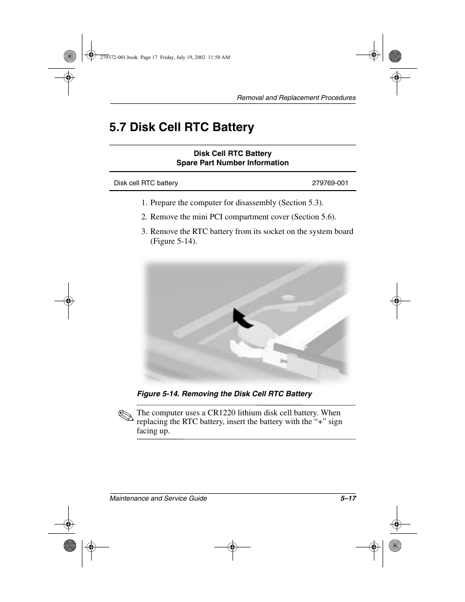 7 disk cell rtc battery, 7 disk cell rtc battery –17 | Compaq 1500 User Manual | Page 109 / 204
