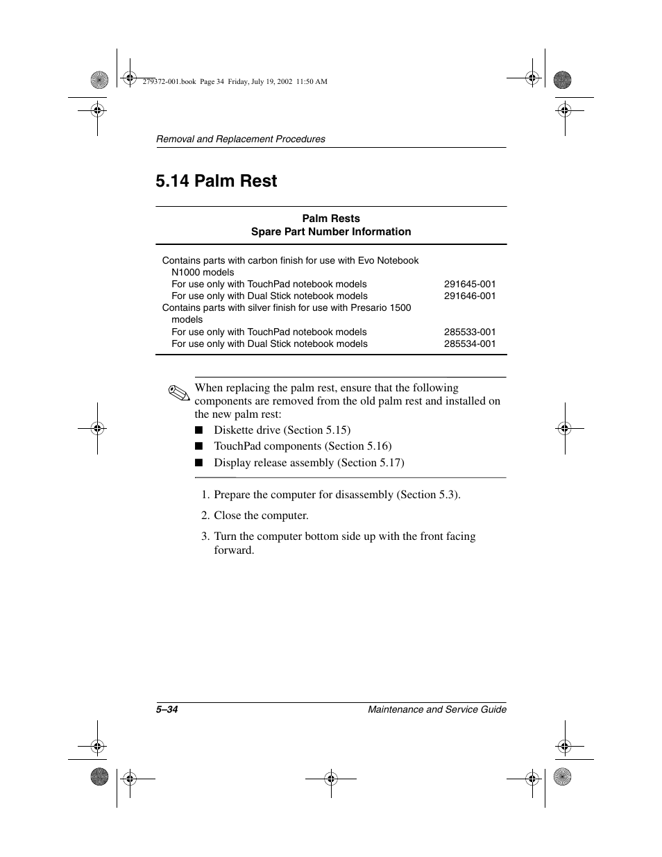 14 palm rest, 14 palm rest –34 | Compaq 1500 User Manual | Page 126 / 204