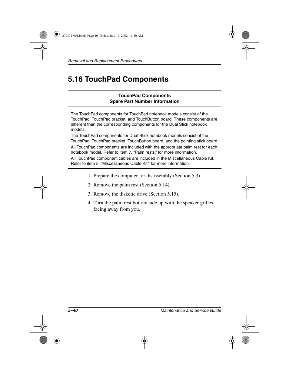 16 touchpad components, 16 touchpad components –40 | Compaq 1500 User Manual | Page 132 / 204