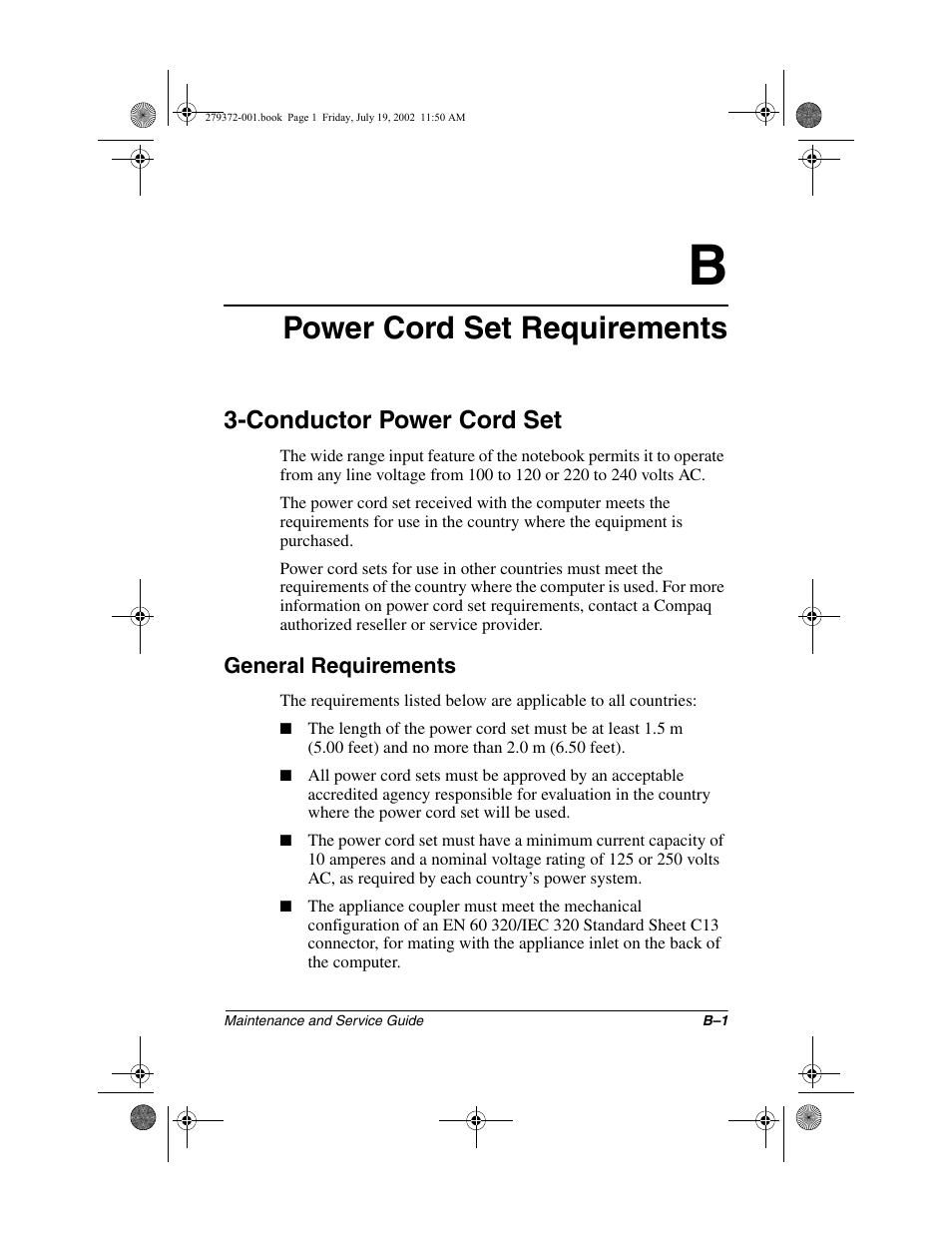 Power cord set requirements, Conductor power cord set, General requirements | B power cord set requirements | Compaq 1500 User Manual | Page 179 / 204