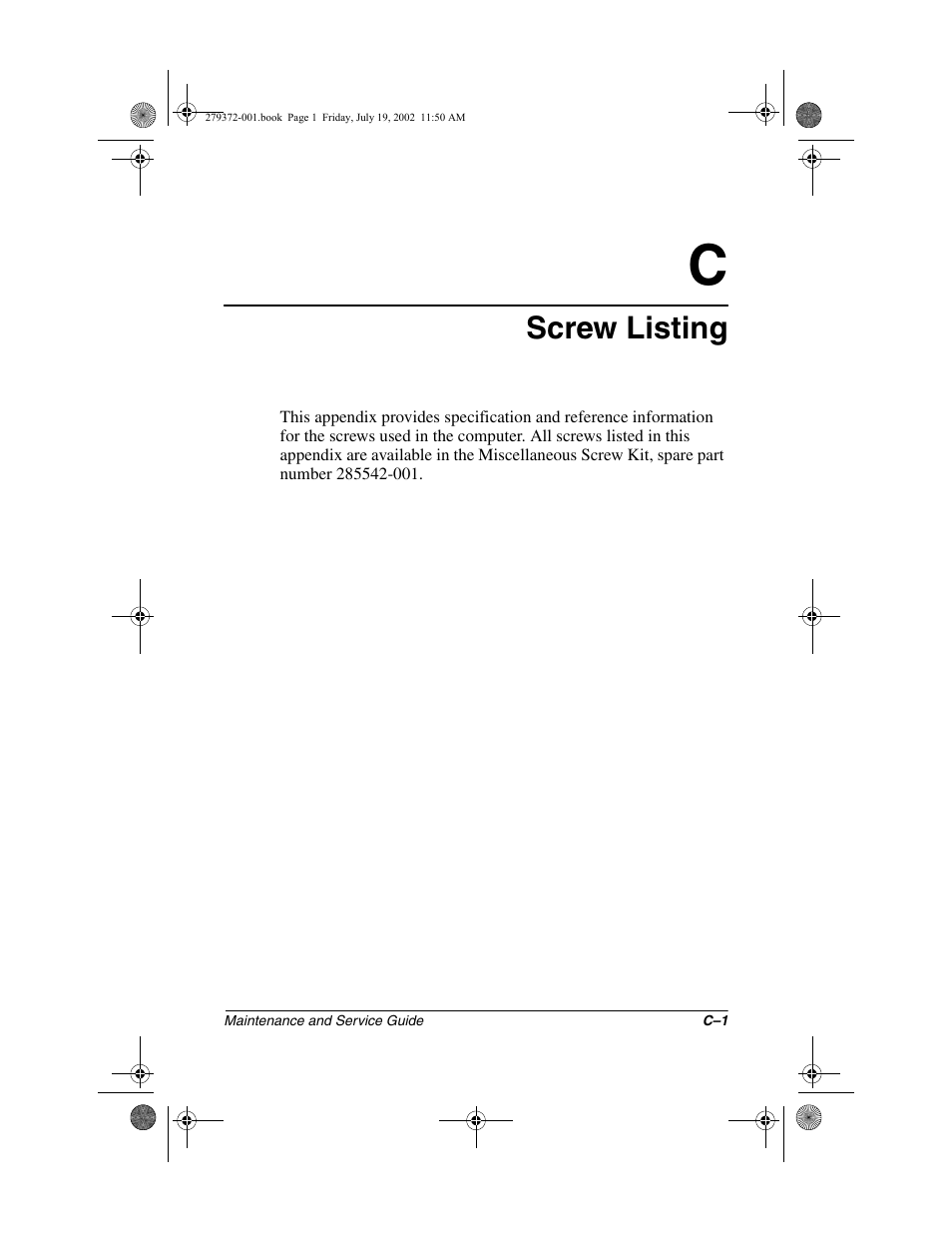 Screw listing, C screw listing | Compaq 1500 User Manual | Page 182 / 204