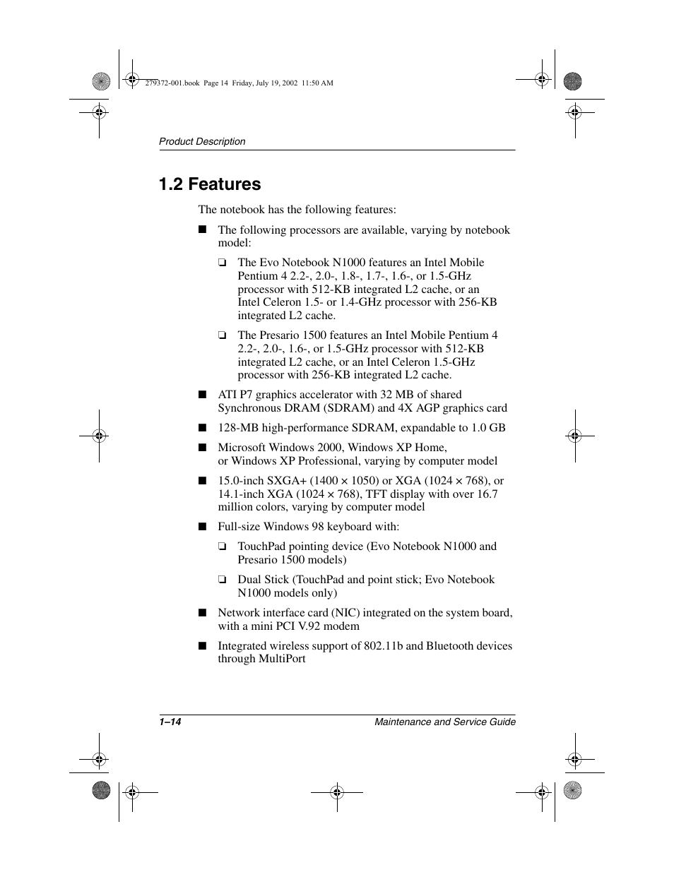 2 features, 2 features –14 | Compaq 1500 User Manual | Page 19 / 204