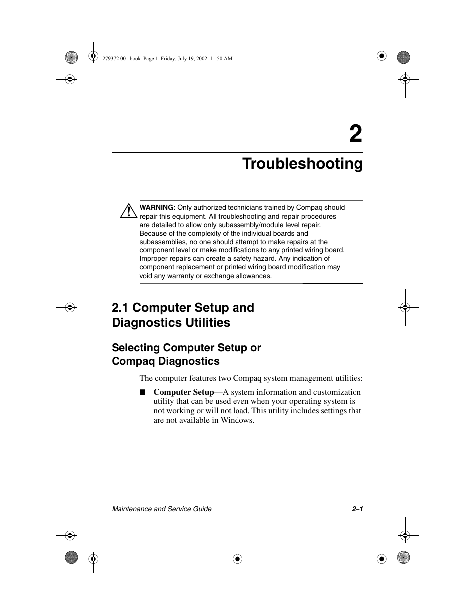 Troubleshooting, 1 computer setup and diagnostics utilities, Selecting computer setup or compaq diagnostics | 1 computer setup and diagnostics utilities –1, Selecting computer setup or compaq diagnostics –1 | Compaq 1500 User Manual | Page 34 / 204
