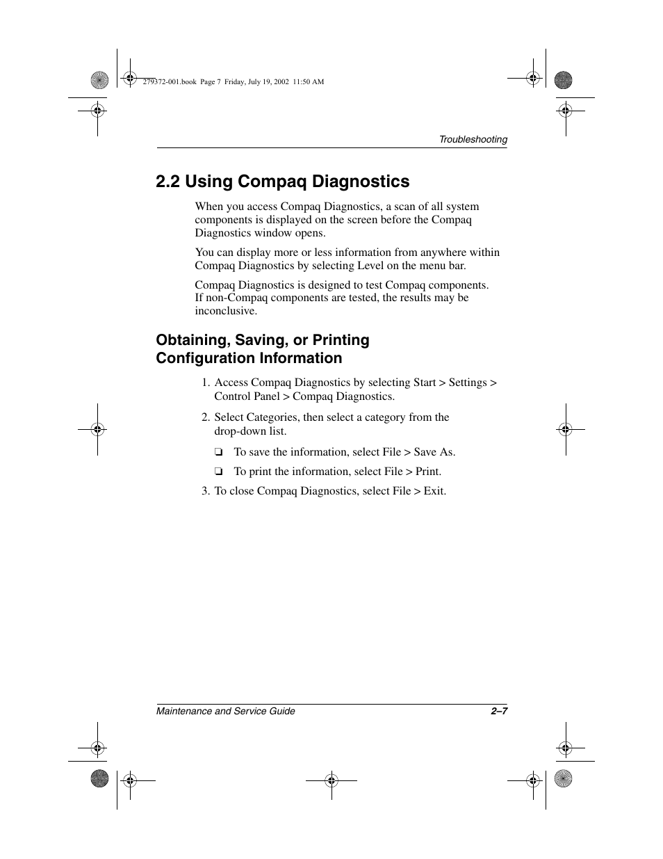 2 using compaq diagnostics, 2 using compaq diagnostics –7 | Compaq 1500 User Manual | Page 40 / 204