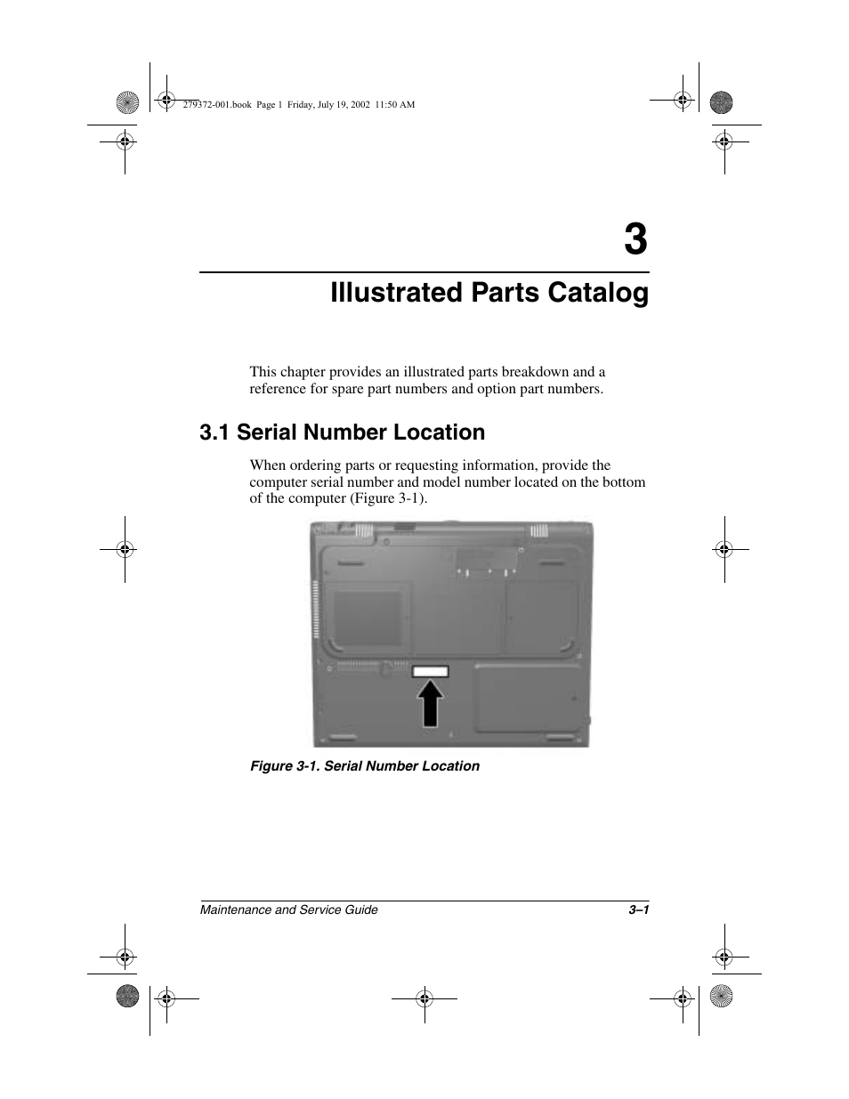 Illustrated parts catalog, 1 serial number location, 1 serial number location –1 | Compaq 1500 User Manual | Page 64 / 204
