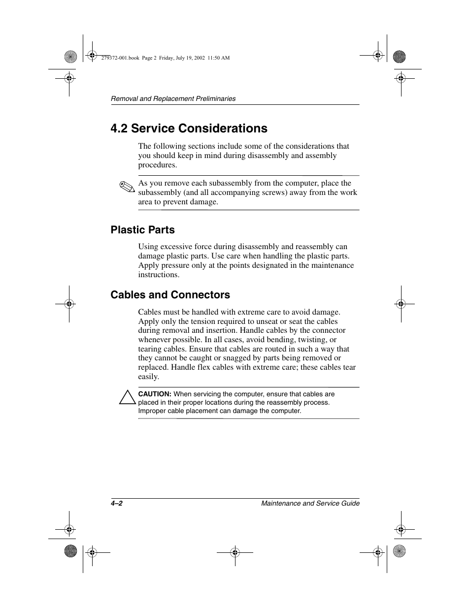 2 service considerations, Plastic parts, Cables and connectors | 2 service considerations –2, Plastic parts –2 cables and connectors –2 | Compaq 1500 User Manual | Page 87 / 204