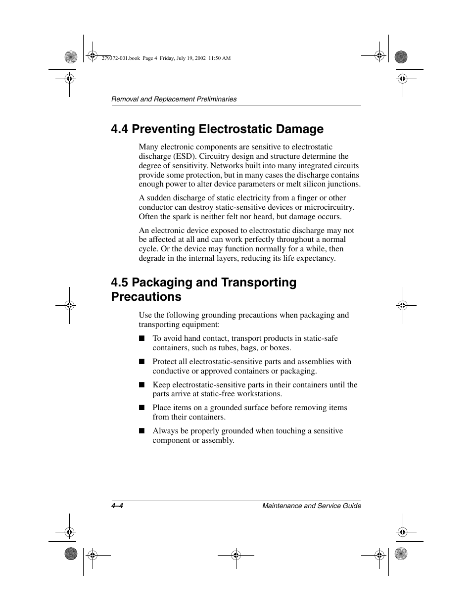 4 preventing electrostatic damage, 5 packaging and transporting precautions | Compaq 1500 User Manual | Page 89 / 204
