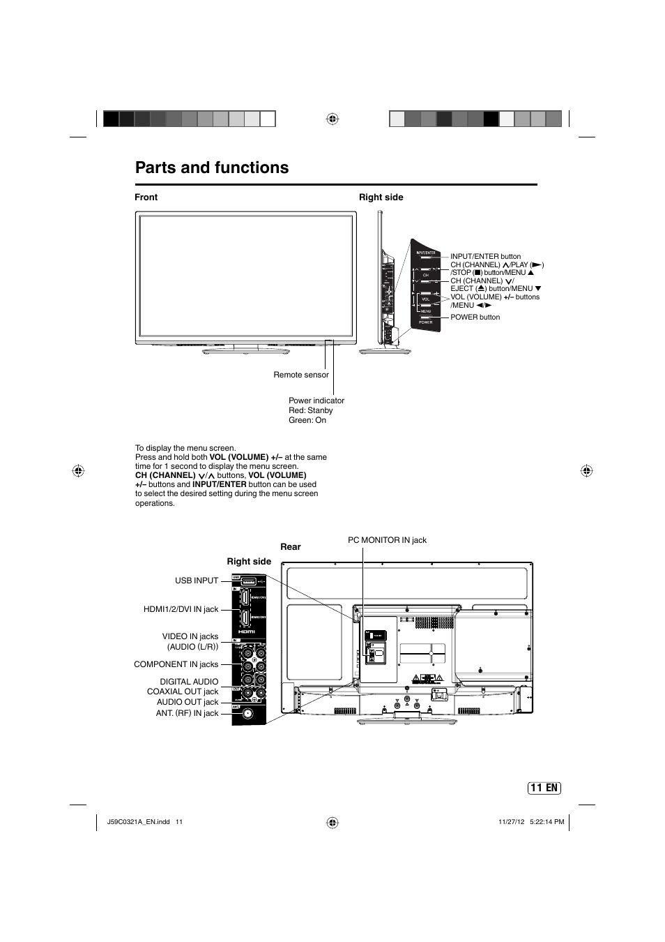 Parts and functions, 11 en | Sansui SLEDVD329 User Manual | Page 11 / 43