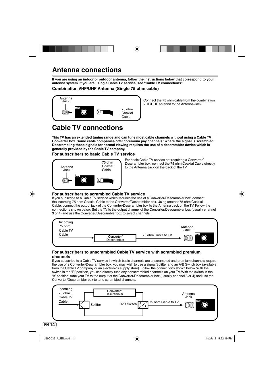 Antenna connections, Cable tv connections, En 14 | Sansui SLEDVD329 User Manual | Page 14 / 43