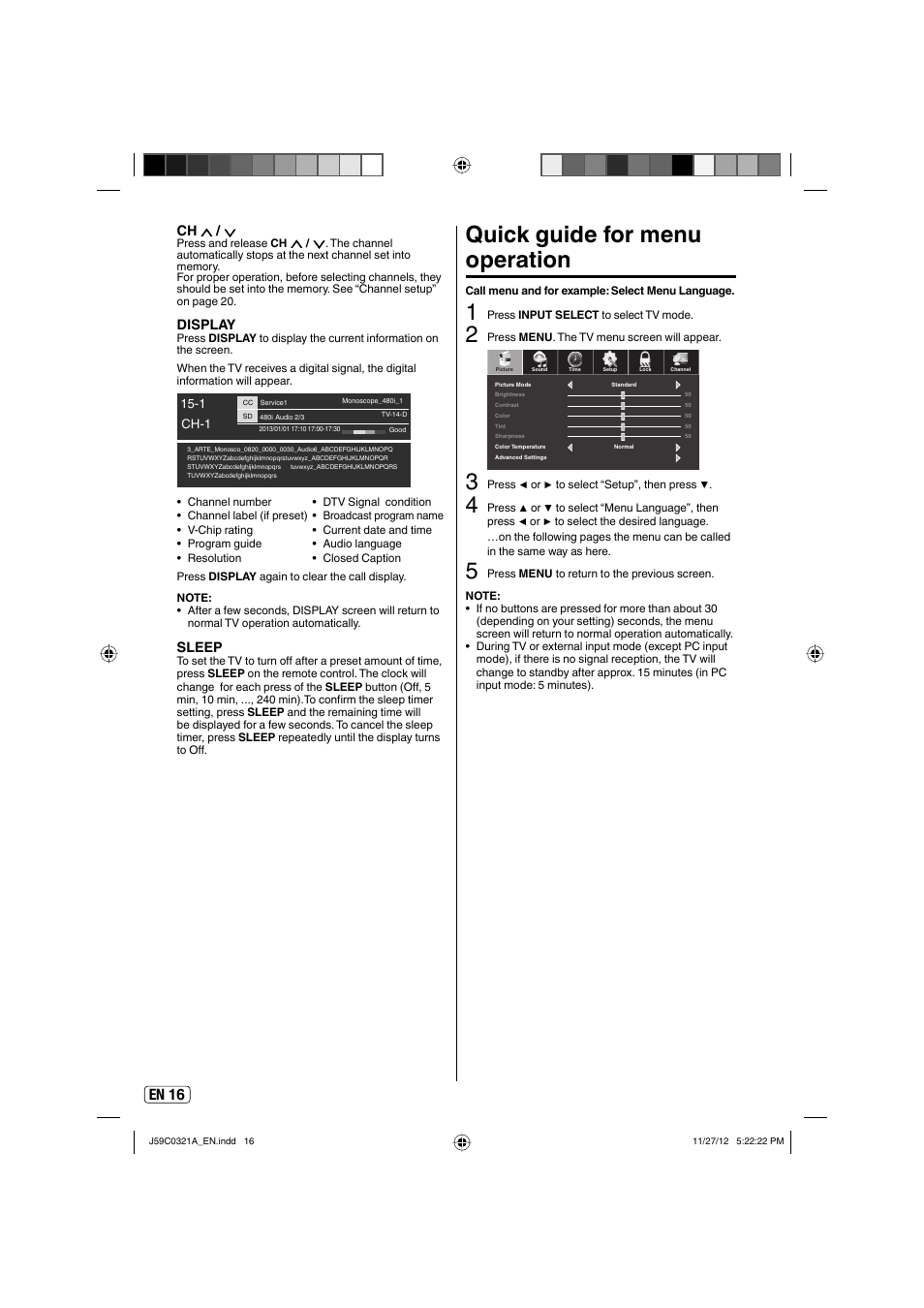 Quick guide for menu operation, En 16, Display | Sleep | Sansui SLEDVD329 User Manual | Page 16 / 43