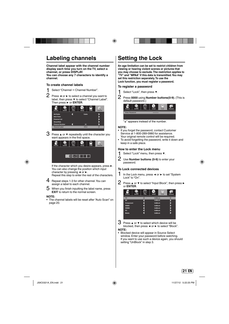 Labeling channels, Setting the lock, 21 en | Sansui SLEDVD329 User Manual | Page 21 / 43