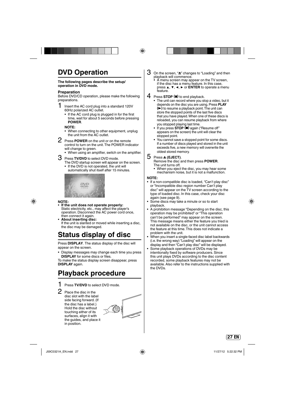 Dvd operation, Status display of disc, Playback procedure 1 | Sansui SLEDVD329 User Manual | Page 27 / 43