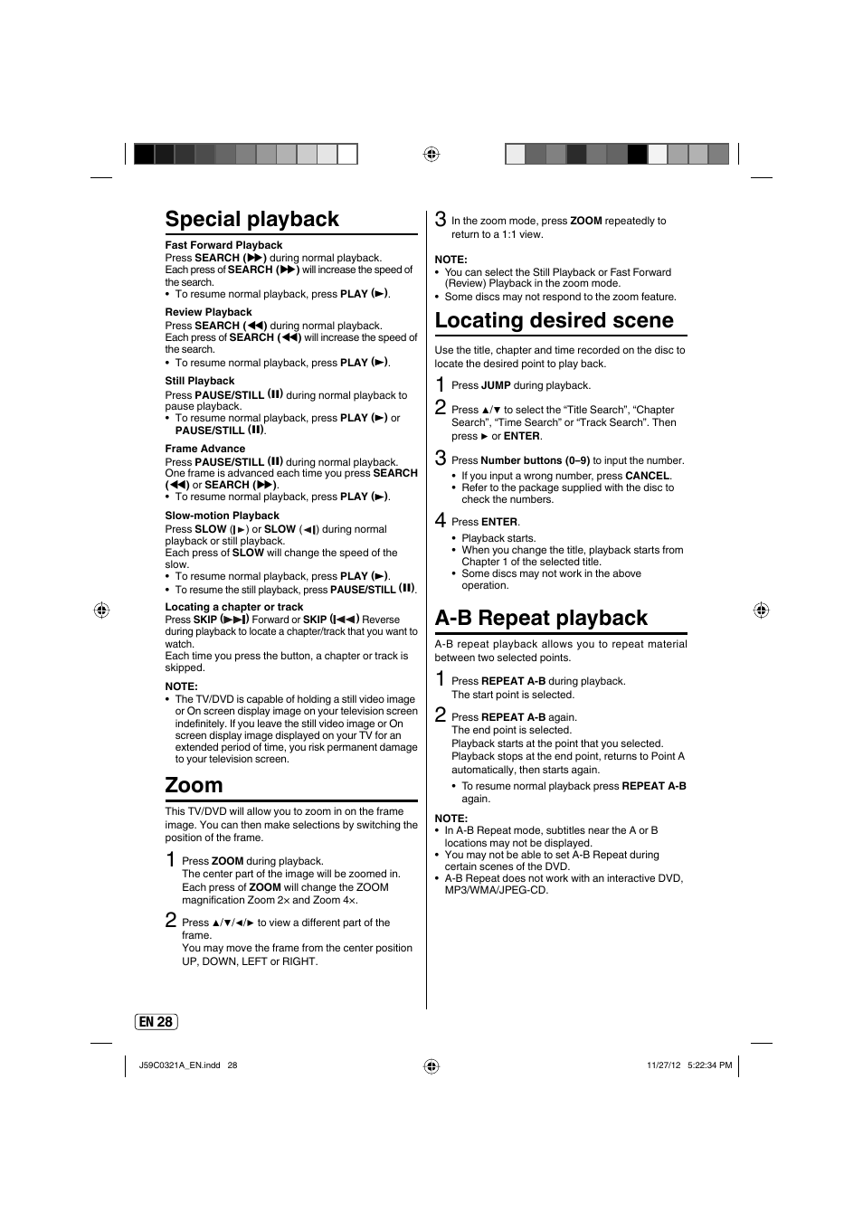 Special playback, Zoom, Locating desired scene | A-b repeat playback | Sansui SLEDVD329 User Manual | Page 28 / 43