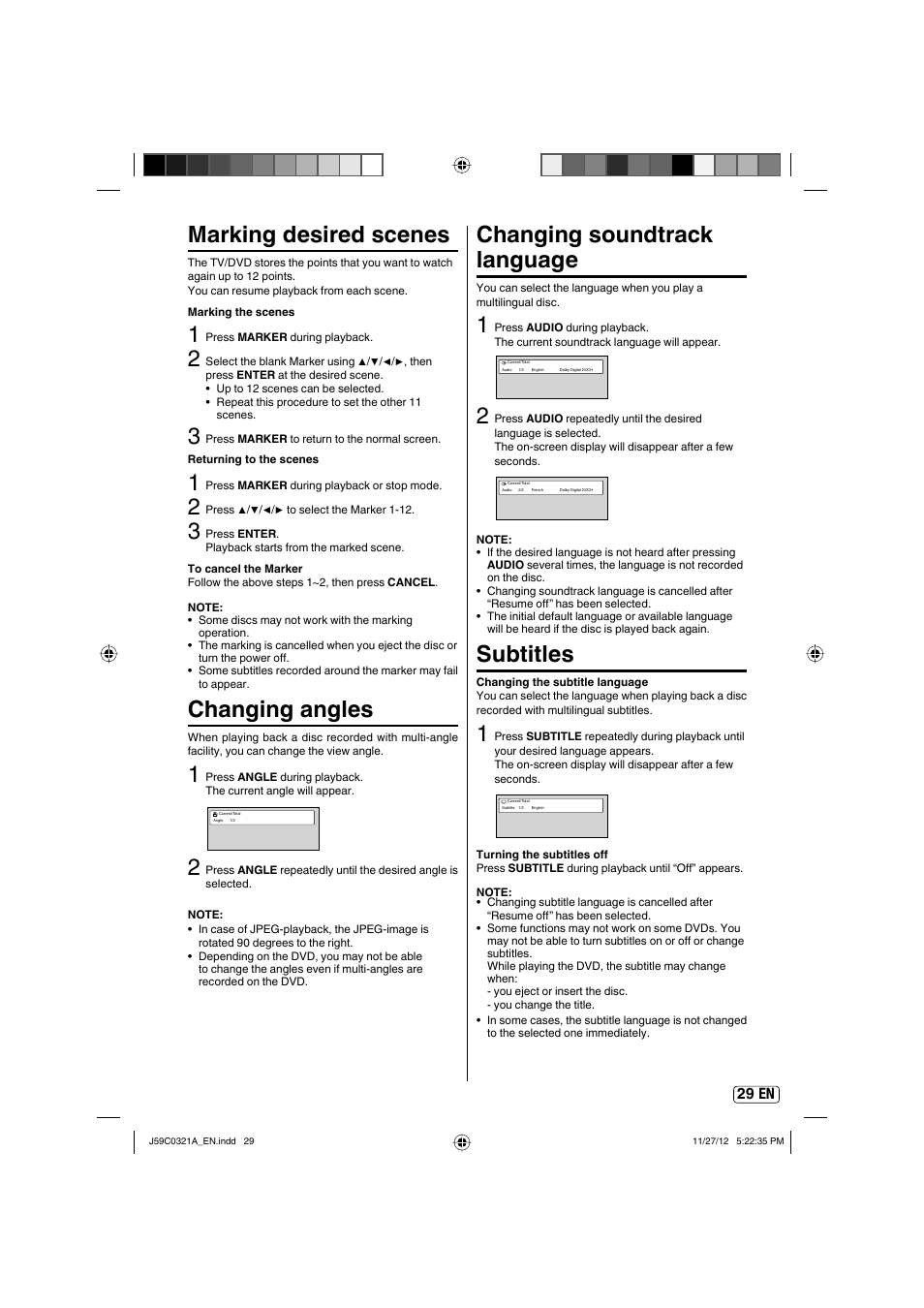 Marking desired scenes, Changing angles, Changing soundtrack language | Subtitles, 29 en | Sansui SLEDVD329 User Manual | Page 29 / 43