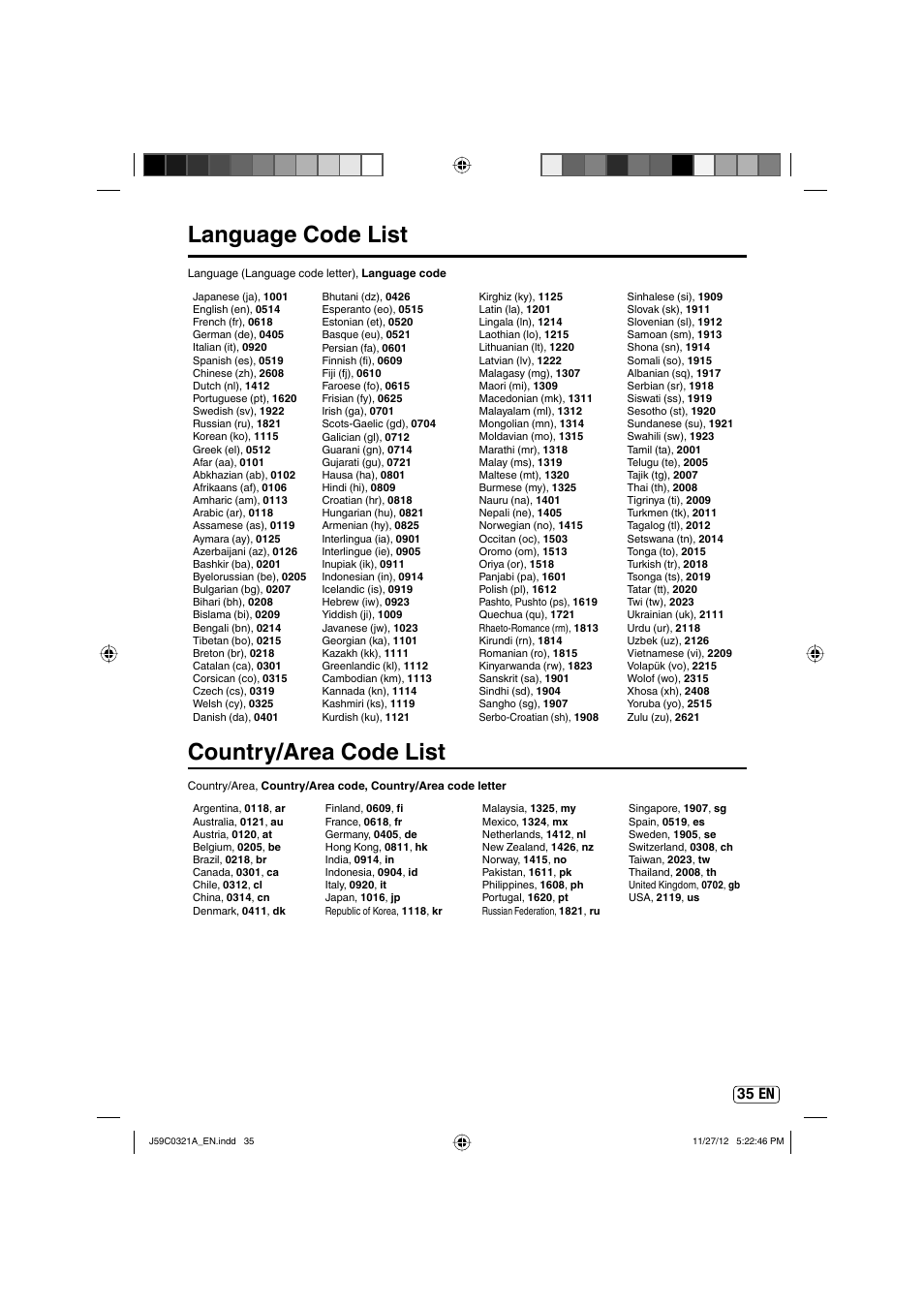 Language code list, Country/area code list, 35 en | Sansui SLEDVD329 User Manual | Page 35 / 43